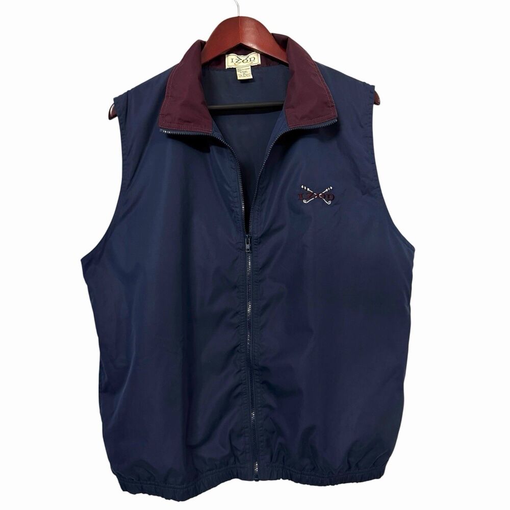 VTG 90s Izod Golf Navy Full Zip Windbreaker Vest Embroidered Big Logo Men Medium